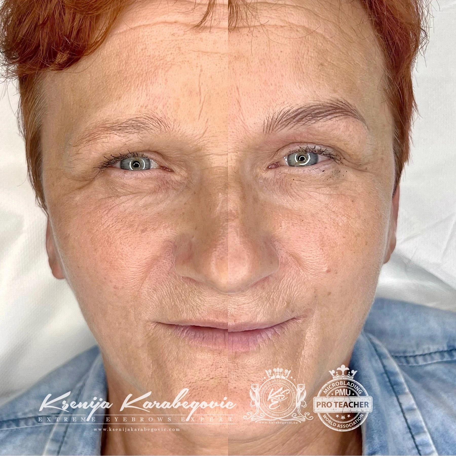 Aesthetic natural brow work by Ksenija Karabegovic, before and after